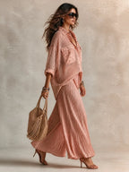 CAMILLE | PINK MESH SHIRT & PLEATED SKIRT SET