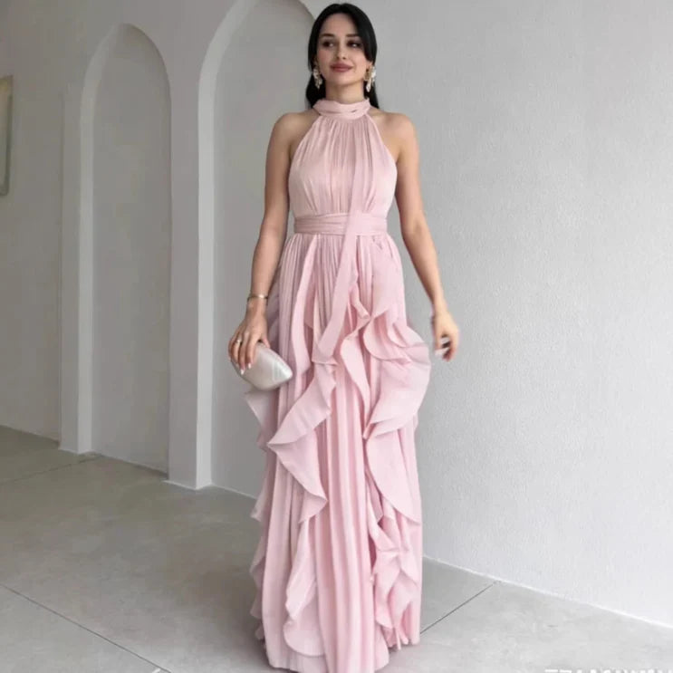 Orea High Neck Gathered Ruffle Layers Maxi Dress