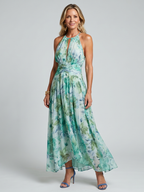 Portia Pleated Halter Soft Floral Pattern Midi Dress