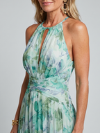 Portia Pleated Halter Soft Floral Pattern Midi Dress