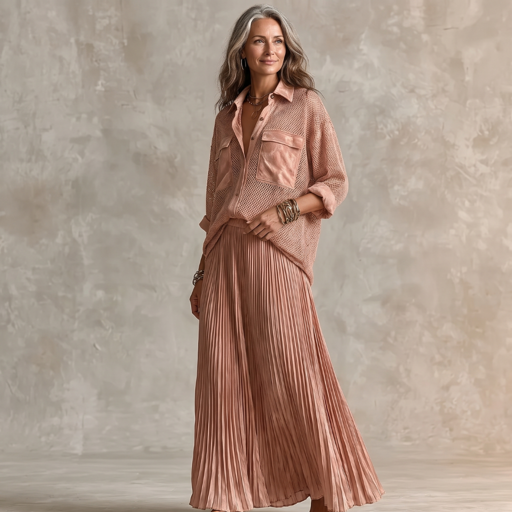 CAMILLE | PINK MESH SHIRT & PLEATED SKIRT SET