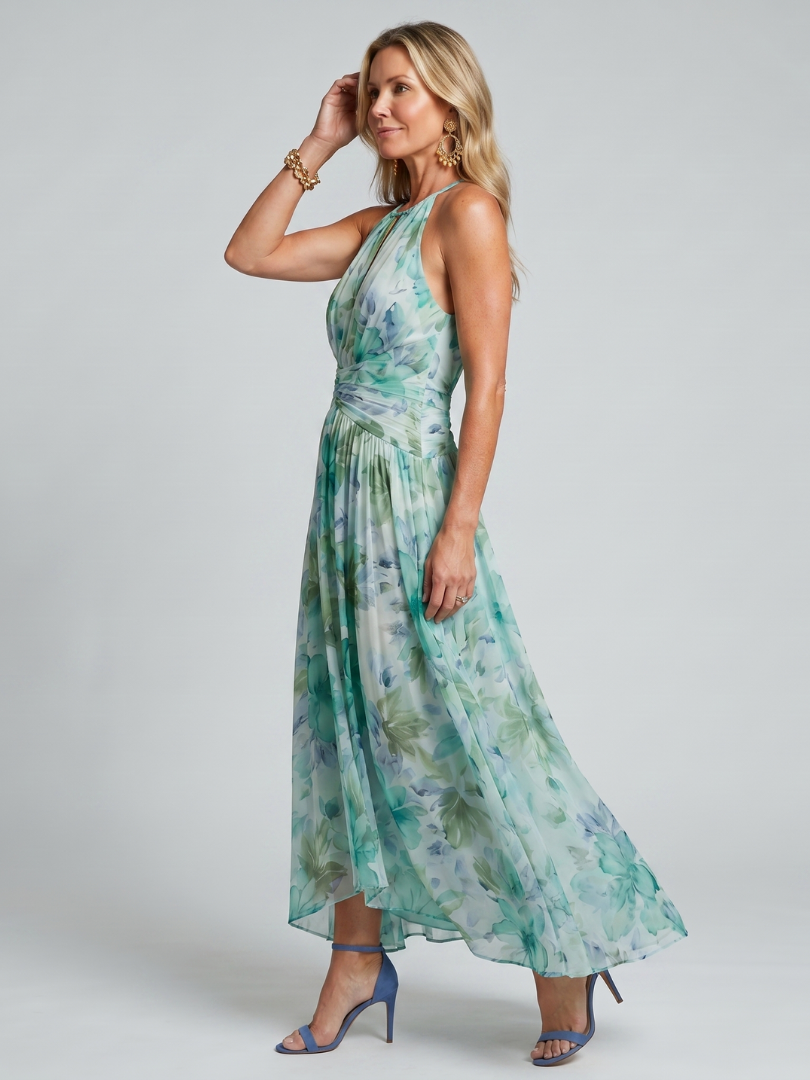 Portia Pleated Halter Soft Floral Pattern Midi Dress