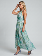 Portia Pleated Halter Soft Floral Pattern Midi Dress