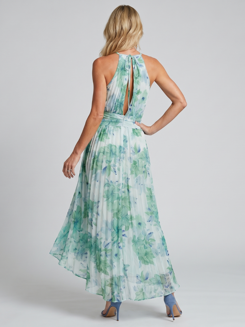 Portia Pleated Halter Soft Floral Pattern Midi Dress