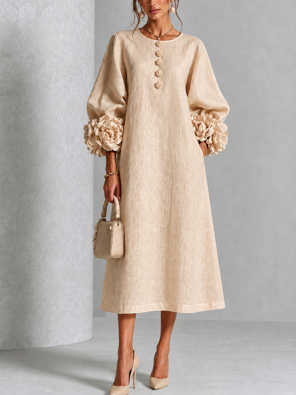 Beige Floral Button-Front Midi Dress with Statement Floral Sleeves