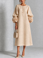 Beige Floral Button-Front Midi Dress with Statement Floral Sleeves