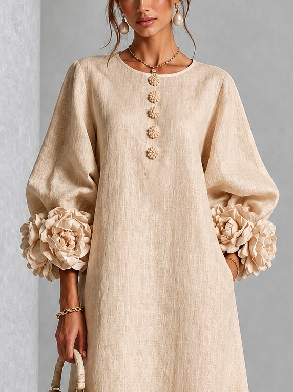 Beige Floral Button-Front Midi Dress with Statement Floral Sleeves