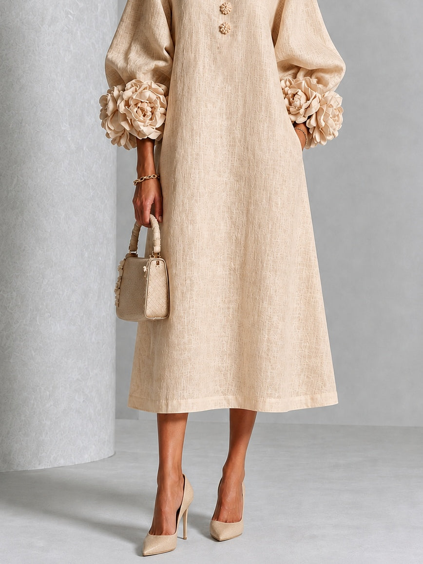 Beige Floral Button-Front Midi Dress with Statement Floral Sleeves