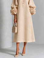 Beige Floral Button-Front Midi Dress with Statement Floral Sleeves