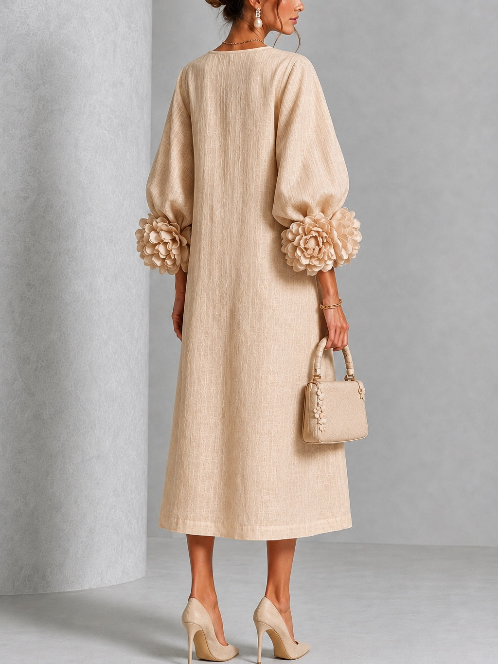 Beige Floral Button-Front Midi Dress with Statement Floral Sleeves