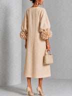 Beige Floral Button-Front Midi Dress with Statement Floral Sleeves