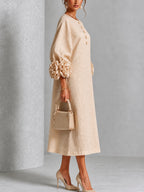 Beige Floral Button-Front Midi Dress with Statement Floral Sleeves