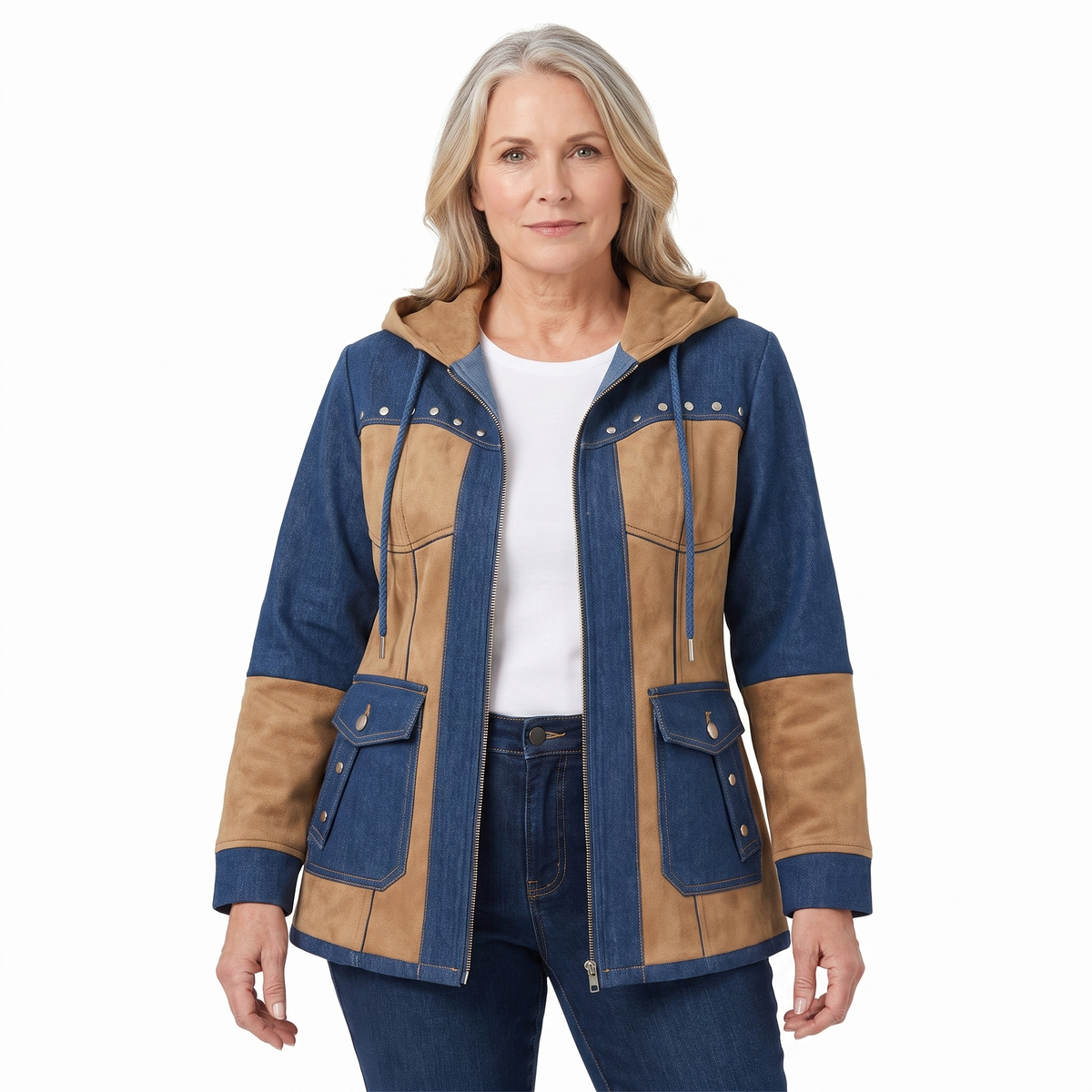 Adriana | Navy and camel hooded vest