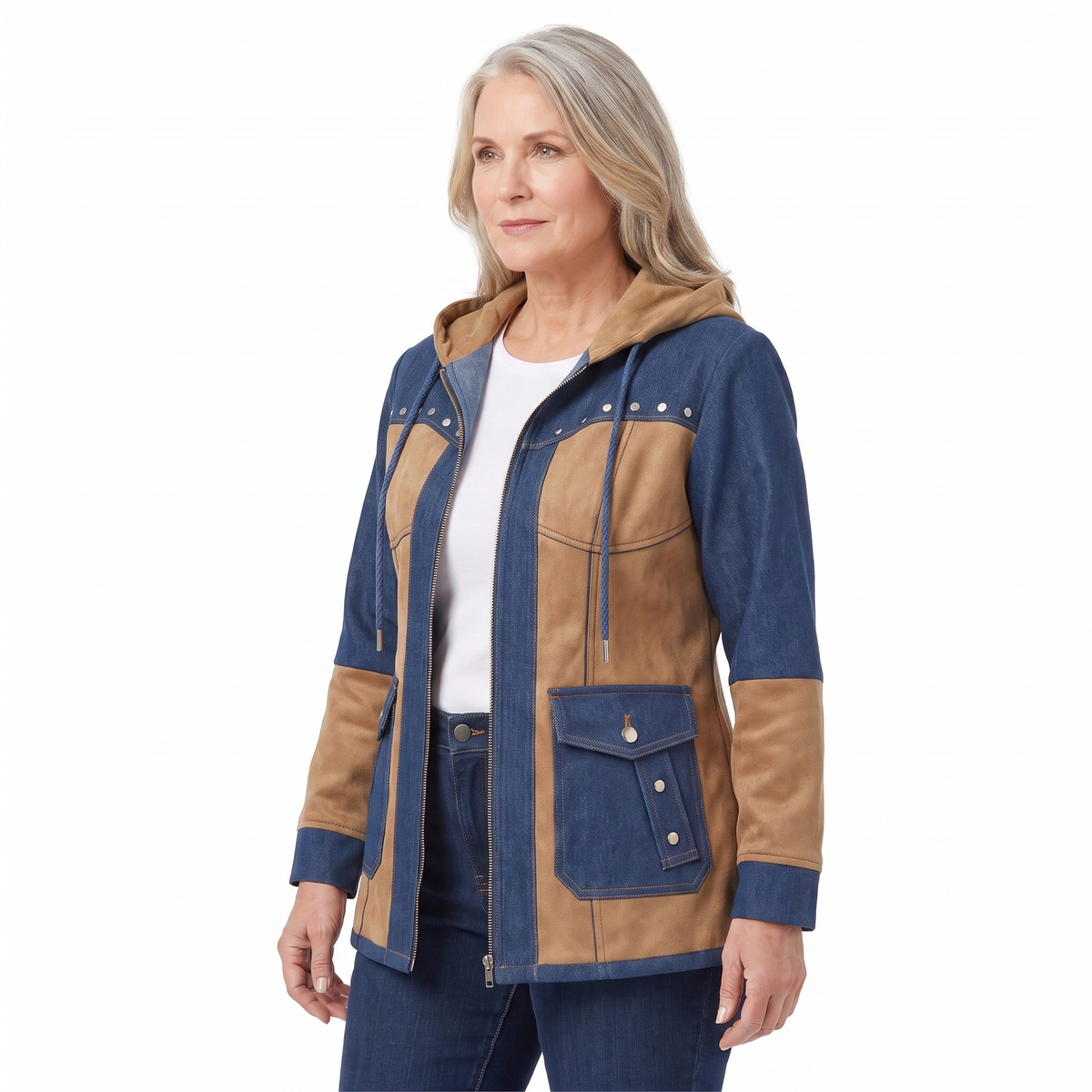 Adriana | Navy and camel hooded vest