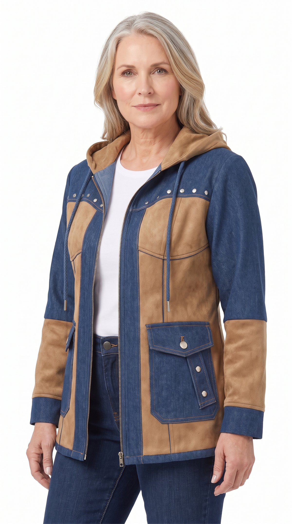 Adriana | Navy and camel hooded vest