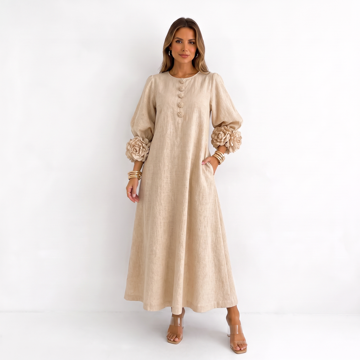 Beige Floral Button-Front Midi Dress with Statement Floral Sleeves