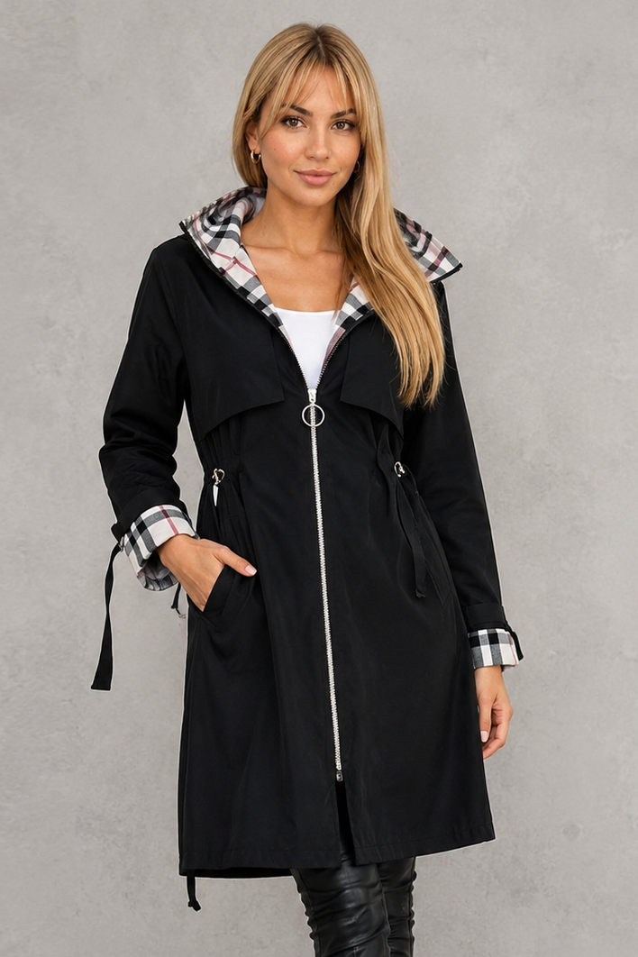 Women’s Hooded Lightweight Rain Jacket With Check Trim